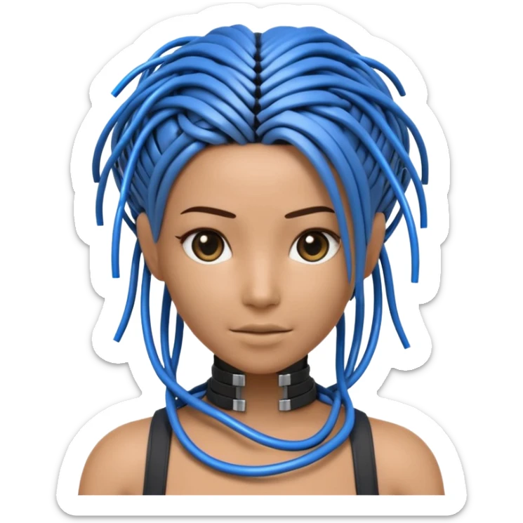 3D render of Wire Hair, futuristic cyborg aesthetic, fusion of organic skin and chrome metal, bundle of black and blue ethernet cables styled like hair, emoji style, isolated on white background --v 6.0. sticker