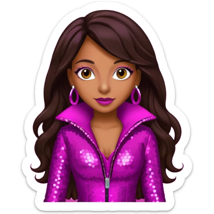Mya, R&B Singer with dark brown long hair, meganta sequin outfit sticker