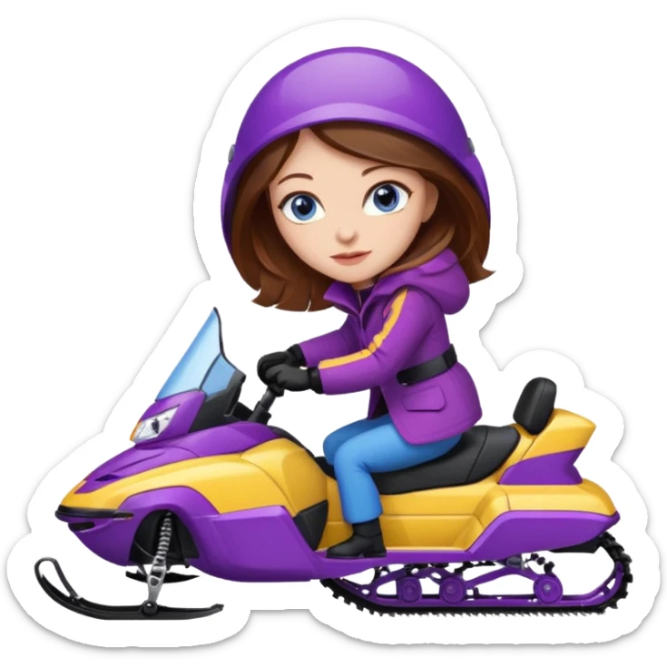 Woman, Brown hair, very blue eyes, wearing a Very red coat  on purple and yellow striped snowmobile sticker