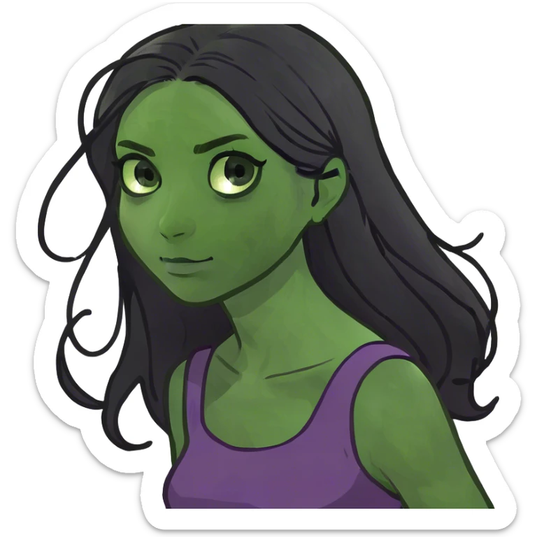 A girl wearing a purple dress, green eyes and long black hair sticker