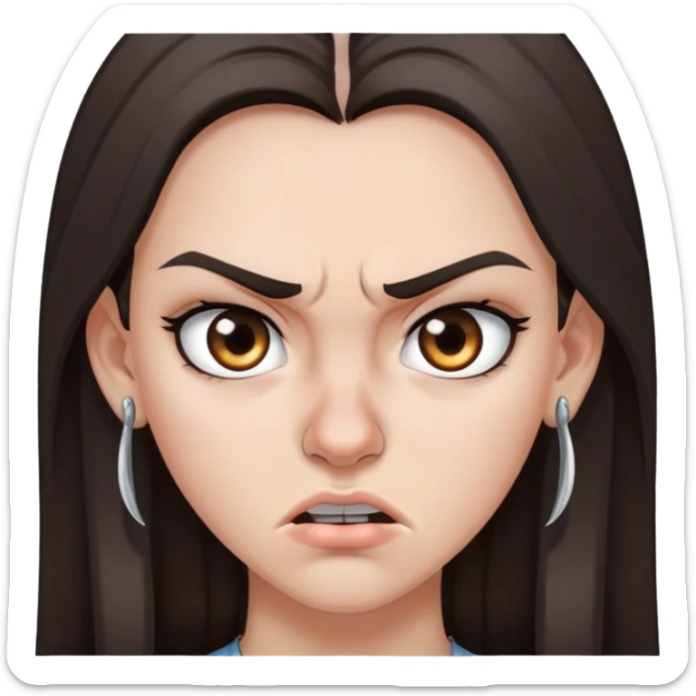 angry girl with long dark brown hair, grey eyes, nose earring on right, pierced ears sticker