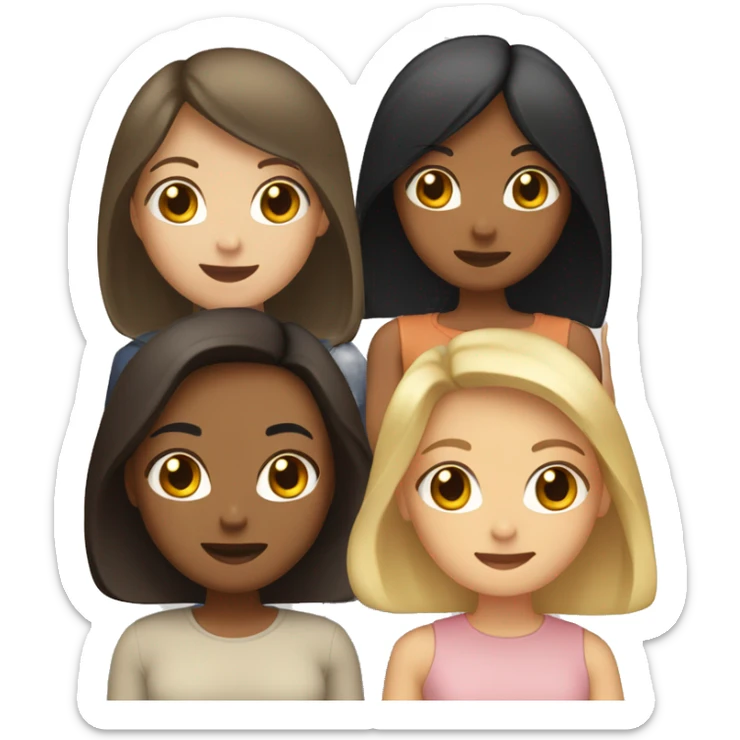 four girls, the first with black hair in a bob, the second with light brown hair to the chest, the third with long blond hair and the fourth with brown hair in a bob sticker