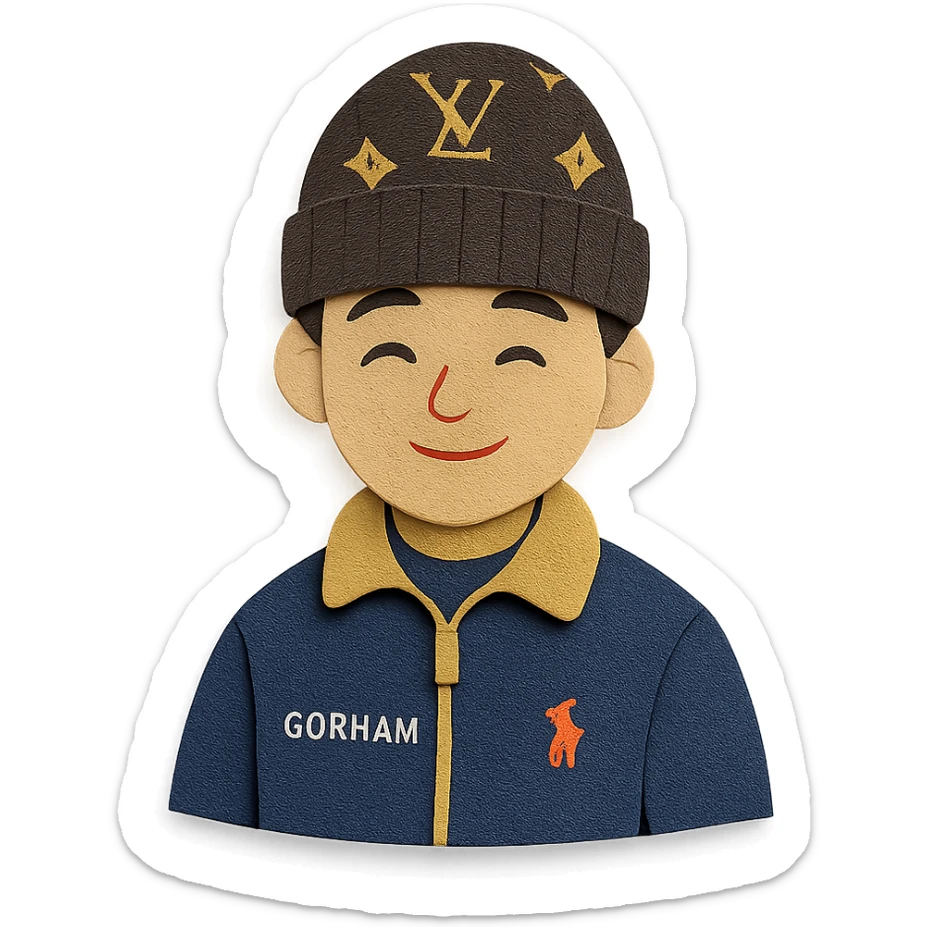 young person wearing a Louis Vuitton beanie and a Ralph Lauren Gorham jacket sticker