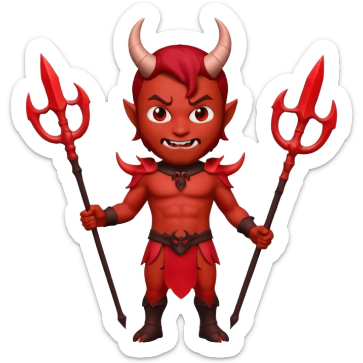 Full body shot 3D Memoji male devil, holding a three-pronged trident. Red skin, small horns, scary pose, solid background. sticker