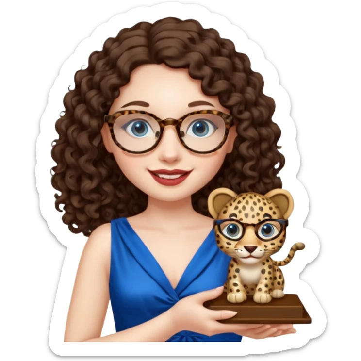 A girl with white pale skin, blue eyes, full lips, brunette LONG curly hair. She has a leopard print round-ish shaped glasses. She is wearing a white plain silk dress. She is holding an award and happy sticker