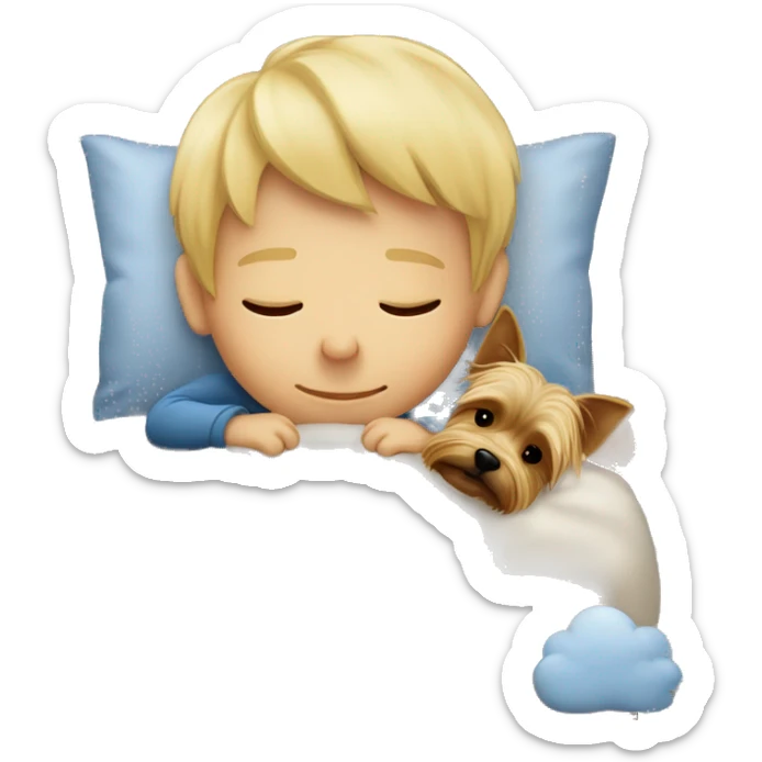 Blonde little boy sleeping în bed with Yorkshire terrier sticker