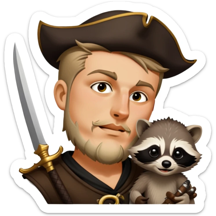 Pirate king with a fancy throwing knife and a little pet raccoon on his shoulder sticker