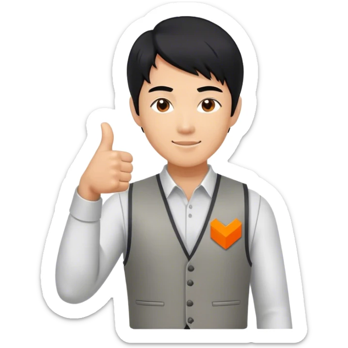 Black hair asian man giving a thumbs up. Wearing a plain grey vest that has a very small logo on it, which shows a square in solid orange color and a simple white capitalized "Y" inside of it. sticker