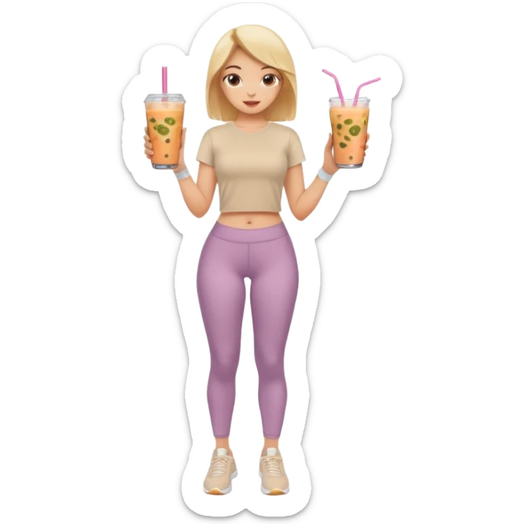 a young woman full length in a beige top and leggings and white sneakers with a passion fruit smoothie in one hand and a salmon poke bowl in the other hand sticker