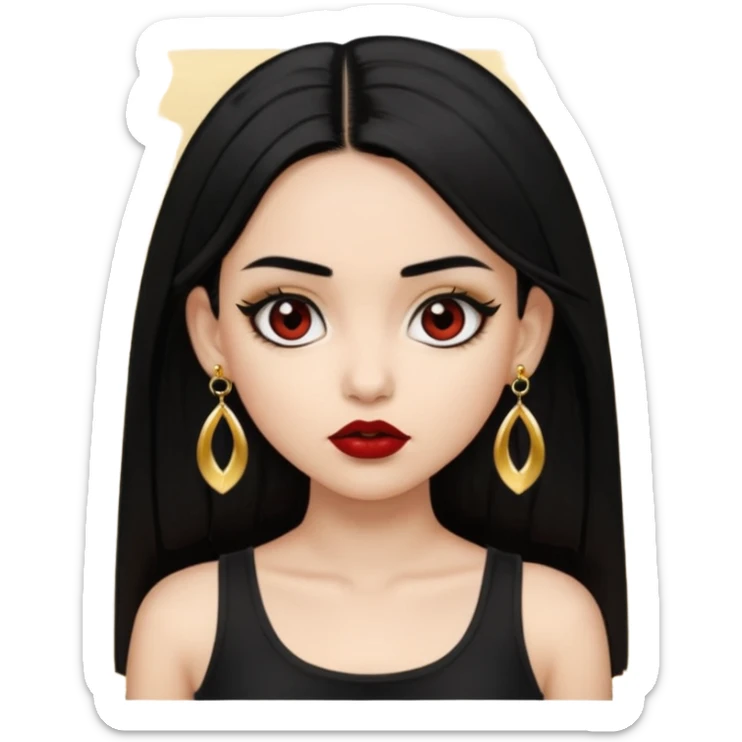 A light skinned girl with black hair, black eye, straight hair, big eyes, dark red lipstick, wearing black crop top and gold earrings, nosepiece  sticker