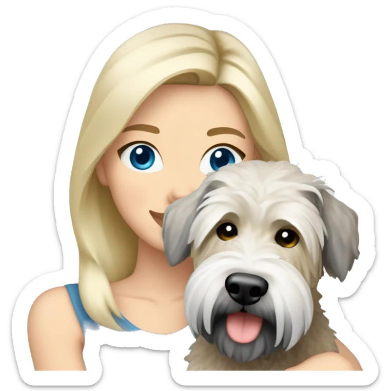 pretty woman blonde hair blue eyes hugging a white and gray soft coated wheaten terrier dog sticker