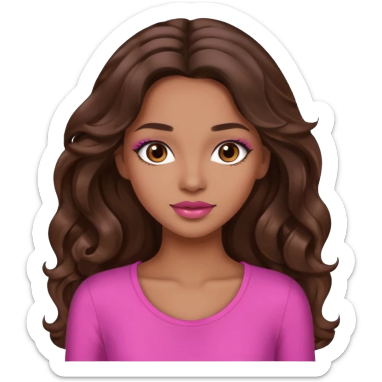 gorgeous woman, light brown skin, dark brown eyes, long wavy brown hair, pink top, lipgloss, model, mixed  sticker