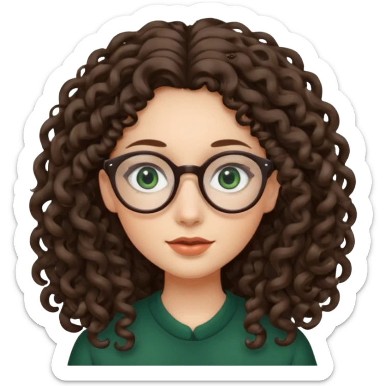 rapariga, olhos verdes escuros, rosto oval, cabelos muito compridos aos caracóis, com óculos sticker