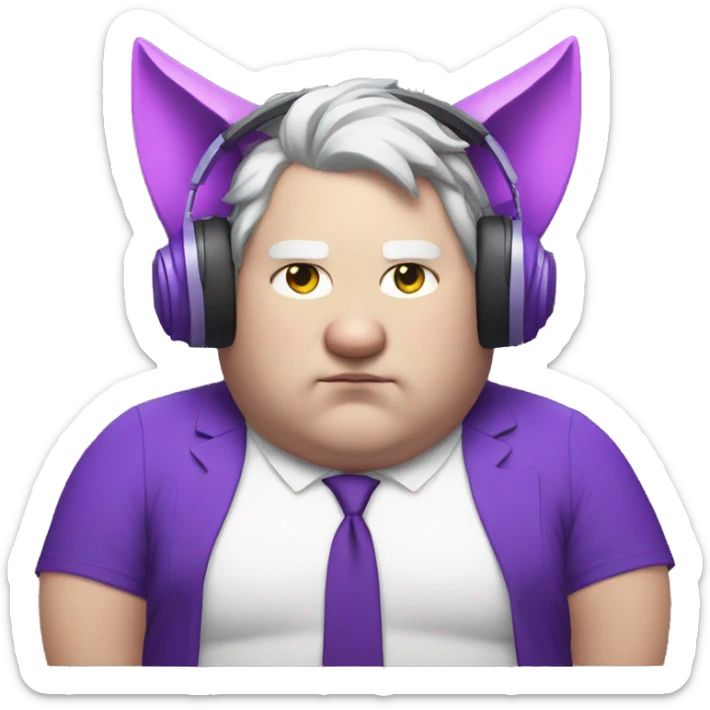 fat white man with purple cat ears, listening to music sticker