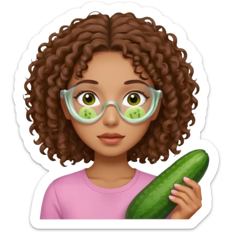 lightskin girl having a spa day with green skincare clay mask and ,cucumbers on her eyeballs  and brown curly hair and a pink shirt  sticker