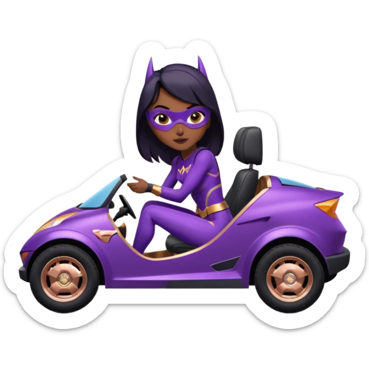 Hot full size real-appearance racing action (Darkness in her soul) BatGirl’s feminine midnight-purple tight outfit sixty’s tv show 1992 stealth retro cat burglar sporty petite off-road pursuit mobile cruiser car rose gold accents (black hair,reclined and relaxed seating position and attitude) sticker