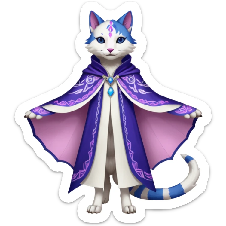 Kawaii white, indigo, purple, pink cute beautiful pretty elegant divine edgy feline-vernid-sergal-fursona-animal-creature, full body, with intricate detailed markings, Embroidered capelet, silken shawl sticker