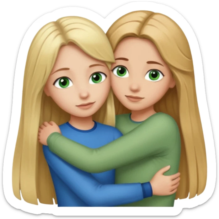 Girl with long blonde hair and blue eyes hugging a girl with long brown hair with green eyes  sticker