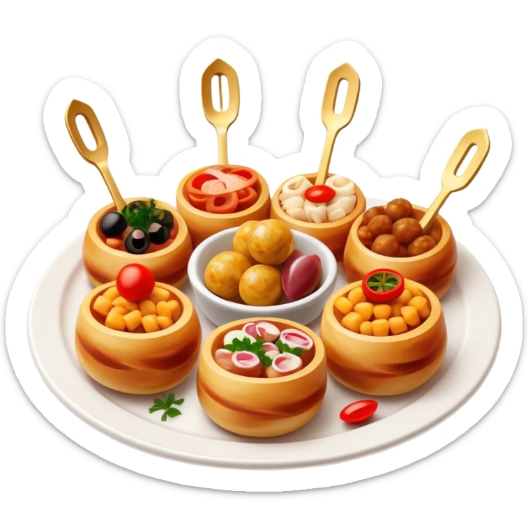 Tapas (4 Pintxos) Cinematic Realistic Tapas Dish Emoji, depicted as an assortment of 4 pintxos elegantly arranged on a plate, rendered with lifelike textures and vibrant, inviting lighting. sticker