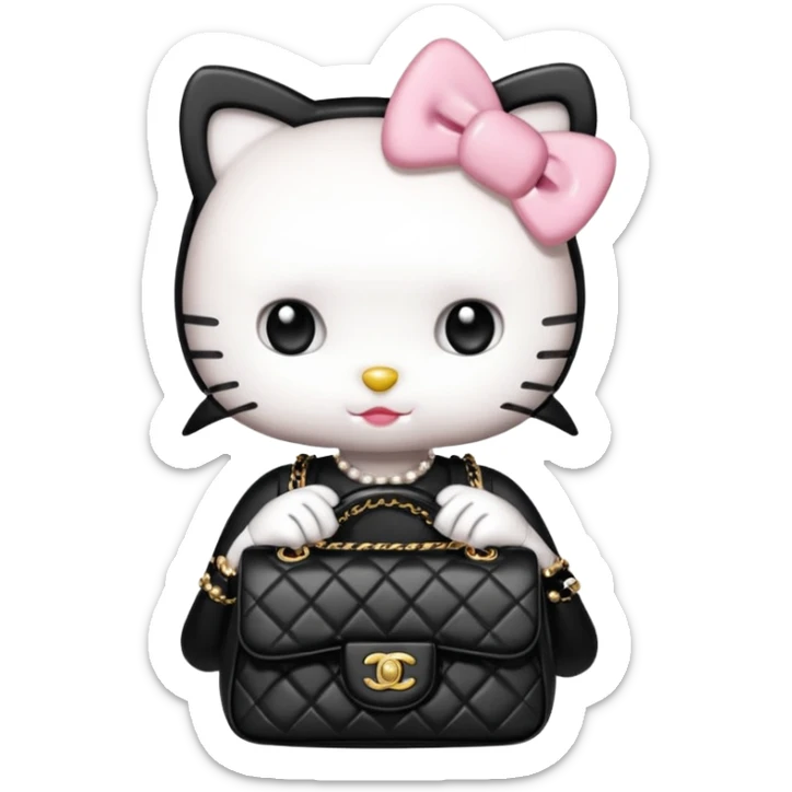Hello Kitty wears in Chanel with a black bag Timeles sticker