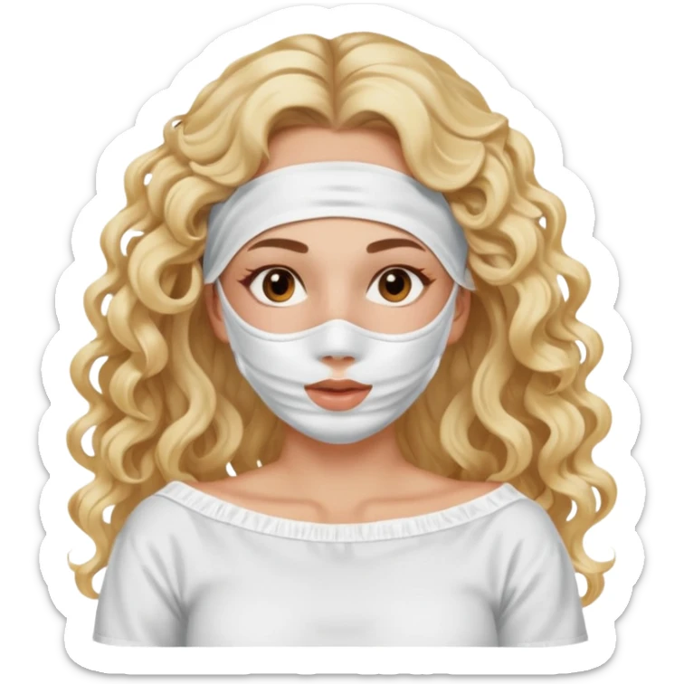 White girl- brown eyes - beauty face mask massage -full care- blonde long curly hair  white off shoulder shirt sticker