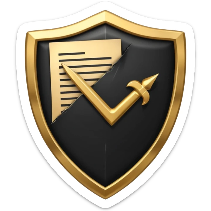 Black and gold emoji of a cracked shield reforming around a checklist with one strong tick, symbolising discipline rebuilt after failure, luxury minimal style, transparent background. sticker