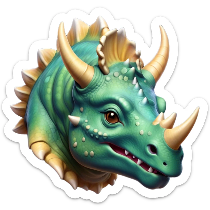 Beautiful and Majestic Triceratops Portrait Emoji, Head and body rendered in serene repose with a gentle, content smile, showcasing a robust, horned form with an intricately frilled head and eyes softly closed in tranquil repose, Simplified yet exquisitely endearing features, highly detailed, glowing with a soft, drowsy prehistoric light, high shine, relaxed and utterly majestic, stylized with an air of ancient splendor, soft glowing outline, capturing the essence of a beautiful and majestic Triceratops that embodies the timeless strength of the ancient world! sticker