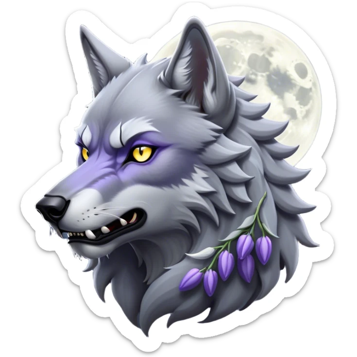 Cinematic Noble Werewolf Portrait Emoji, Formidable and majestic, with a powerful lupine silhouette in moonlit grays and silvers, featuring piercing, wise eyes and a dignified snarl that hints at untamed strength, simplified yet intricately detailed, glowing with a soft, lunar outline that encapsulates the noble duality of feral instinct and loyal guardianship! sticker