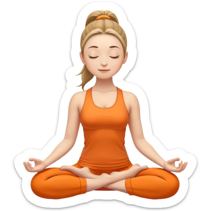 caucasian woman with ponytail in lotus position meditating, eyes closed with a slight smile, peaceful expression, orange yoga clothes sticker