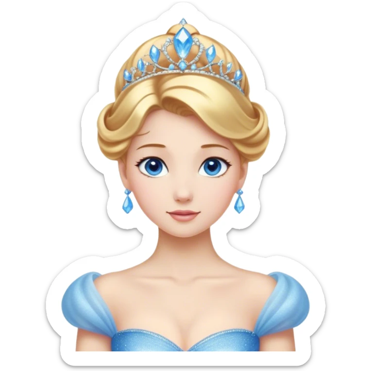 Cinematic Stunning Cinderella Portrait Emoji, Radiant in her sparkling blue ball gown, golden hair in a perfect updo, soft blue eyes full of wonder, glistening tiara, glowing with an ethereal beauty, regal yet kind, a dreamlike aura surrounds her, capturing the essence of a fairy tale princess, elegant and breathtaking! sticker