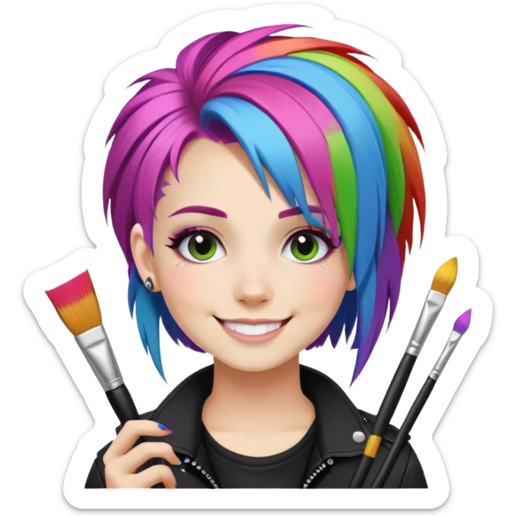 artist-girl with rainbow hair and brushes in black punk-clothing smiling sticker