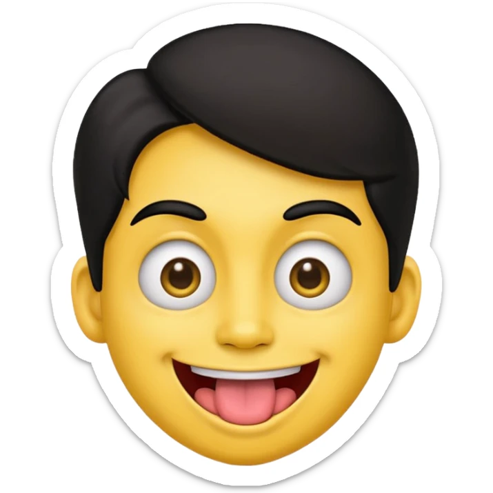 yellow face emoji smiling with huge tongue out and eyes wide open. Tongue should have the effect of wagging back and forth. Give him a head of black hair sticker