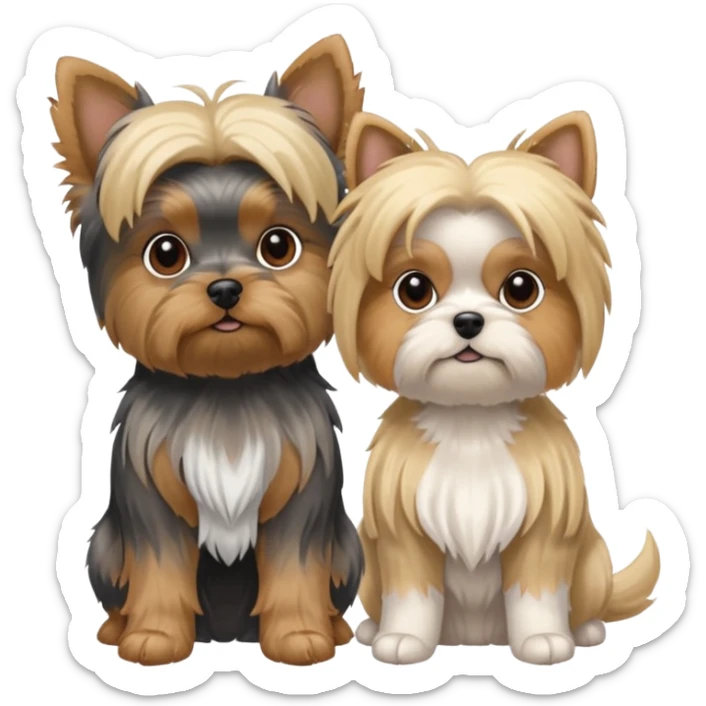 Generate a blue and tan purebred yorkie with a blonde shi tzu yorkie mix sitting next to each kther sticker