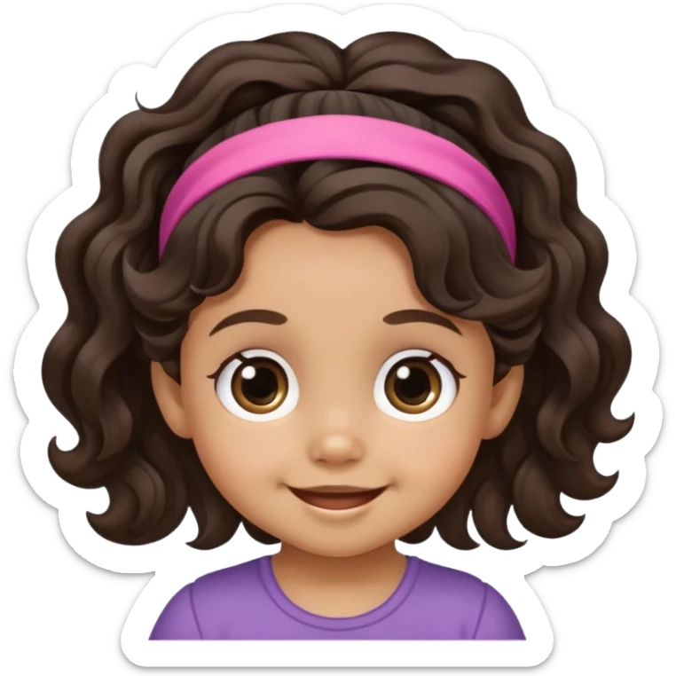 smiling toddler face with big eyes, medium skin tone, dark wavy hair, and a hair band sticker