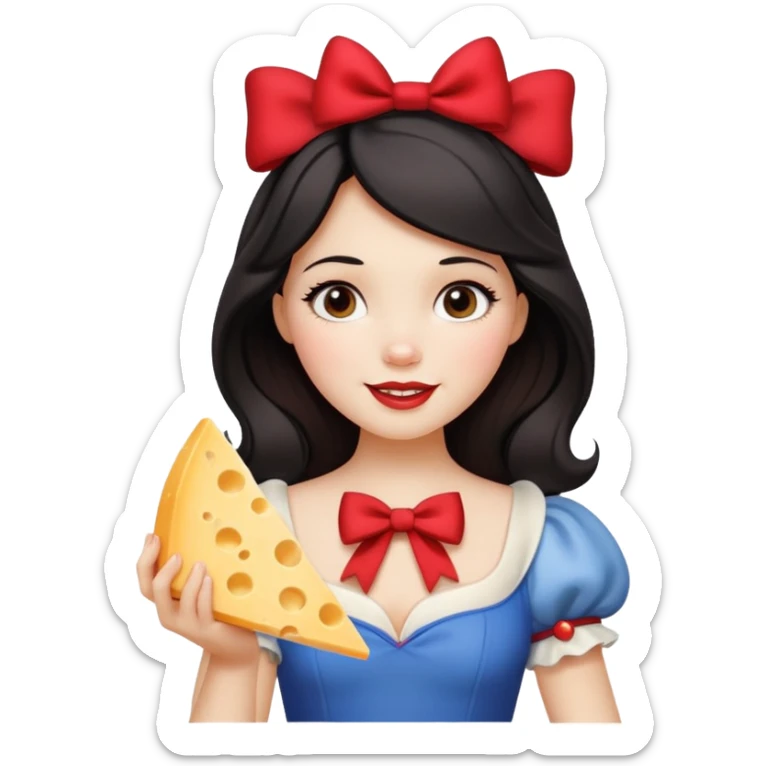 Happy Disney Snow White with red bow in hair and holding triangle wedge of cheese sticker