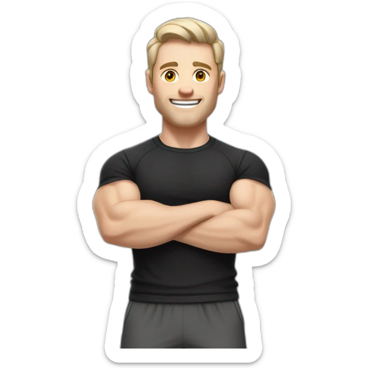 Joyful Pale skinned Fit Man With the biceps and dark brown hair in black shirt, gray sports shorts and white Sneakers sticker