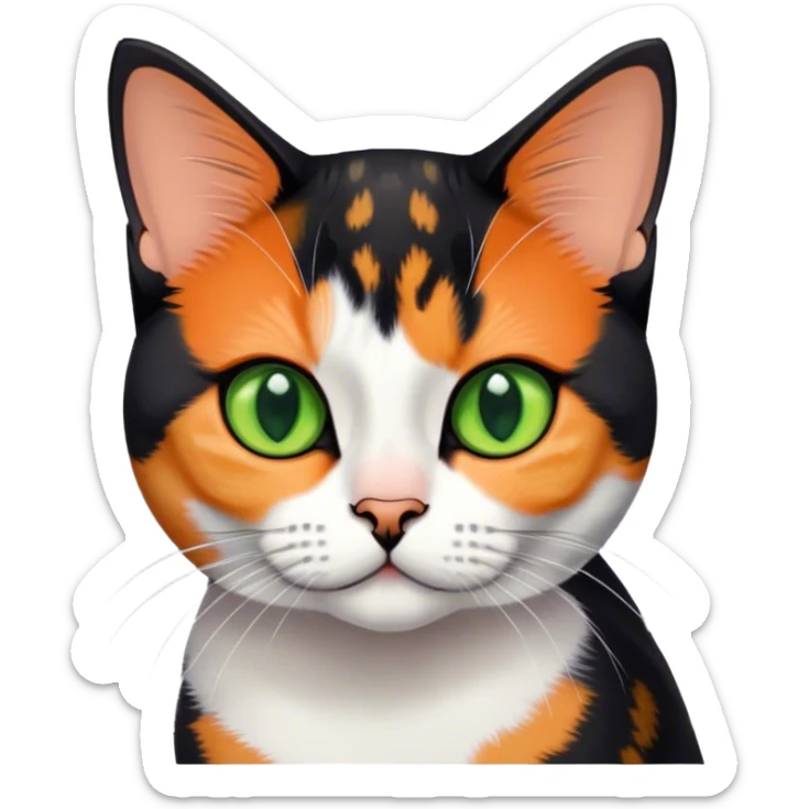American shorthair calico cat with big green eyes and black fur on the right side of their face and orange on the left side sitting down sticker