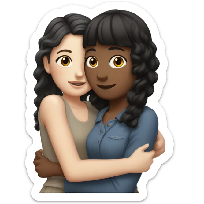 white girl with brown curls hugging another white girl with black hair and bangs sticker
