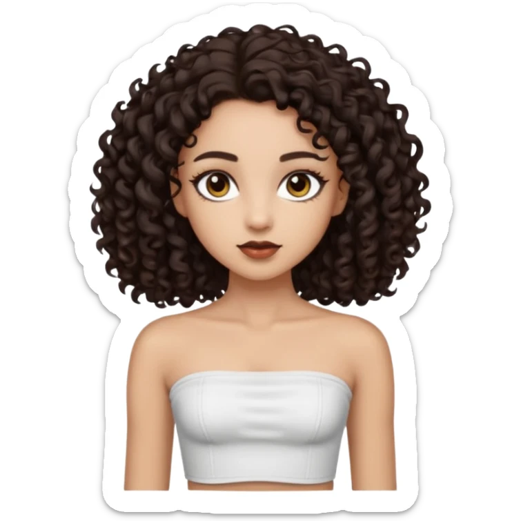Woman with light skin and super dark brown-almost black colored irises eyes and waist length dark brown curly hair and white tube top with no straps sticker