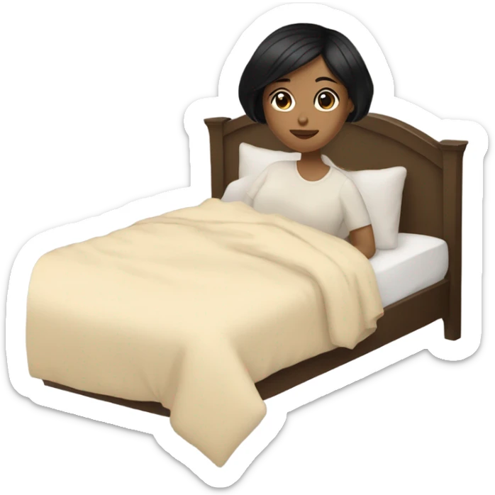 girl with short black hair laying in a big bed with a beige comforter  sticker