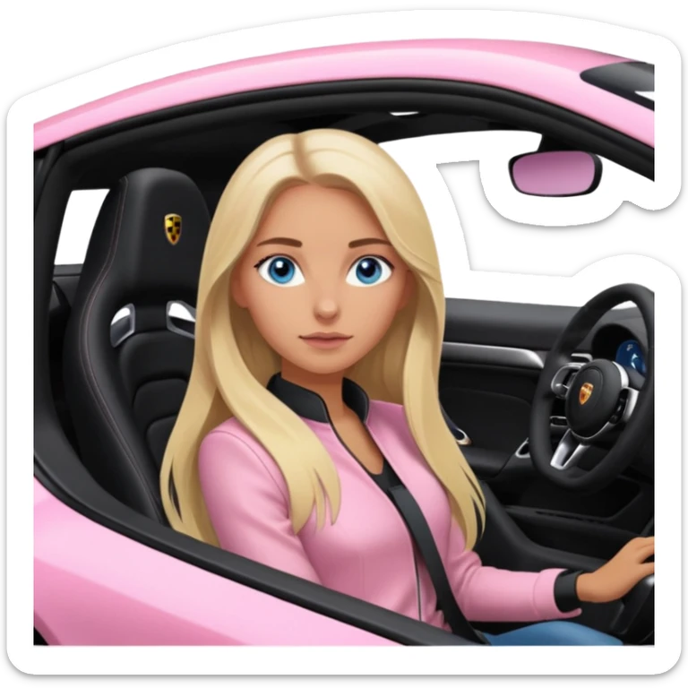 pink Porsche taycan with blonde girl, long hair, blue eyes, sitting in the car, girl in the driver seat, front view point of view, no sunglasses sticker