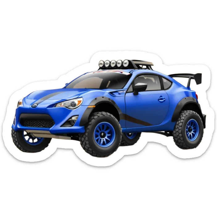 Dirty raced jacked 2013 scion fr-s ultramarine off road 4wd monster Baja dessert stadium racer number 86 with long travel suspension, mirror chrome spoke wheels, black fender flares  sticker