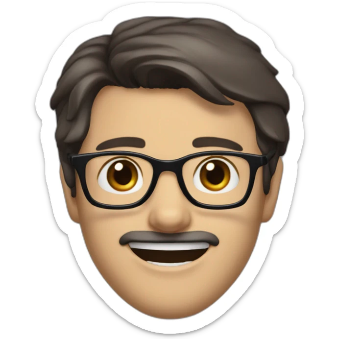 man dark brown hair parted to the right with thin dark blue black glasses, he has slightly protruding ears with a smile where he is missing a tooth between the canine and the palette. sticker