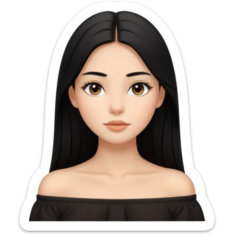 A realistic 3D avatar of a young woman with a soft oval face, slim cheeks, natural almond eyes, long straight black hair, minimal makeup, wearing a black off-shoulder top, elegant and aesthetic, tanned skintone. sticker