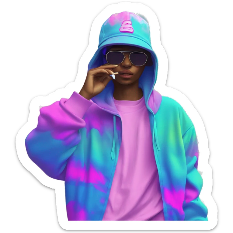 Multicoloured neon Vaporwave person smoking wearing hoodie dancing hip hop bucket hat tropical Skater fashion aesthetic baggy clothes graphic t shirt 420 sticker