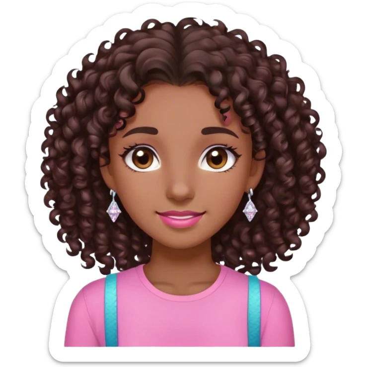 a girl named sharrol with dark brown, skin curly hair, brown eyes, pink shirt, small diamond earrings, and beaty spot on right cheek, with braces sticker