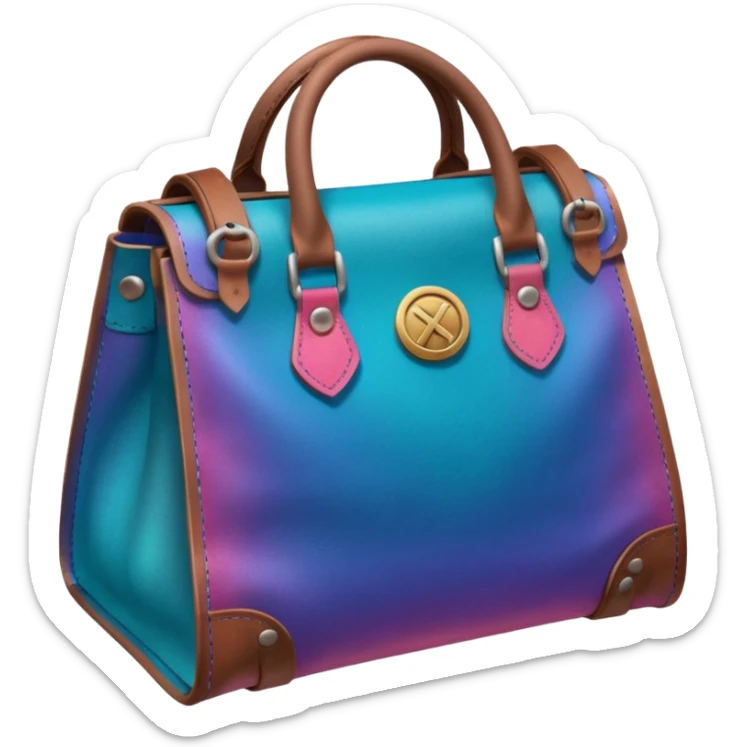 coins in gradient of turquoise, blue, pink, purple, and coral color inside a brown leather bag sticker