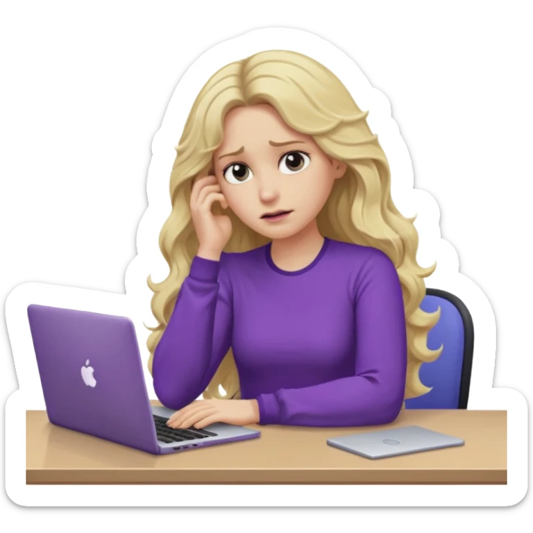 lady with long blonde wavy hair, purple top, one elbow one desk hand on face with a laptop looking defeated sticker