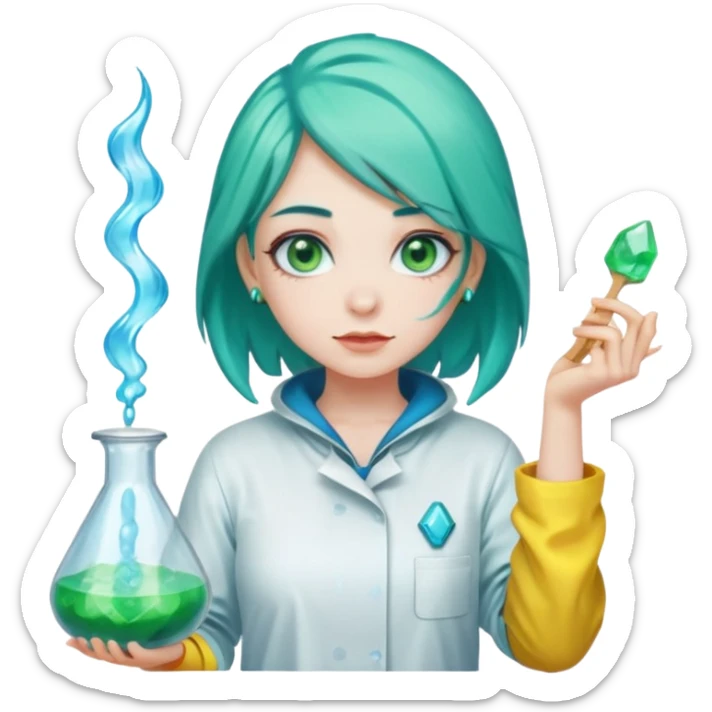 Girl with pale skin, green eyes, teal hair and facial piercings cooking blue crystal candy in a yellow hazmat suit  sticker