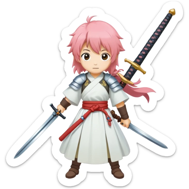 the blossom emoji and the sword emoji (not crossed ones) combined with eachother in an anime ghibli style sticker